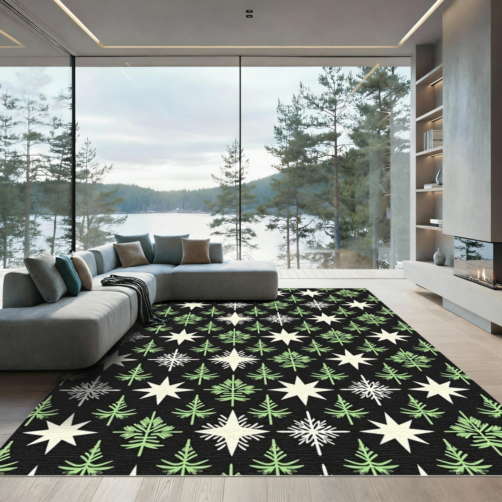 Festive Green Star Tree Collage Rug