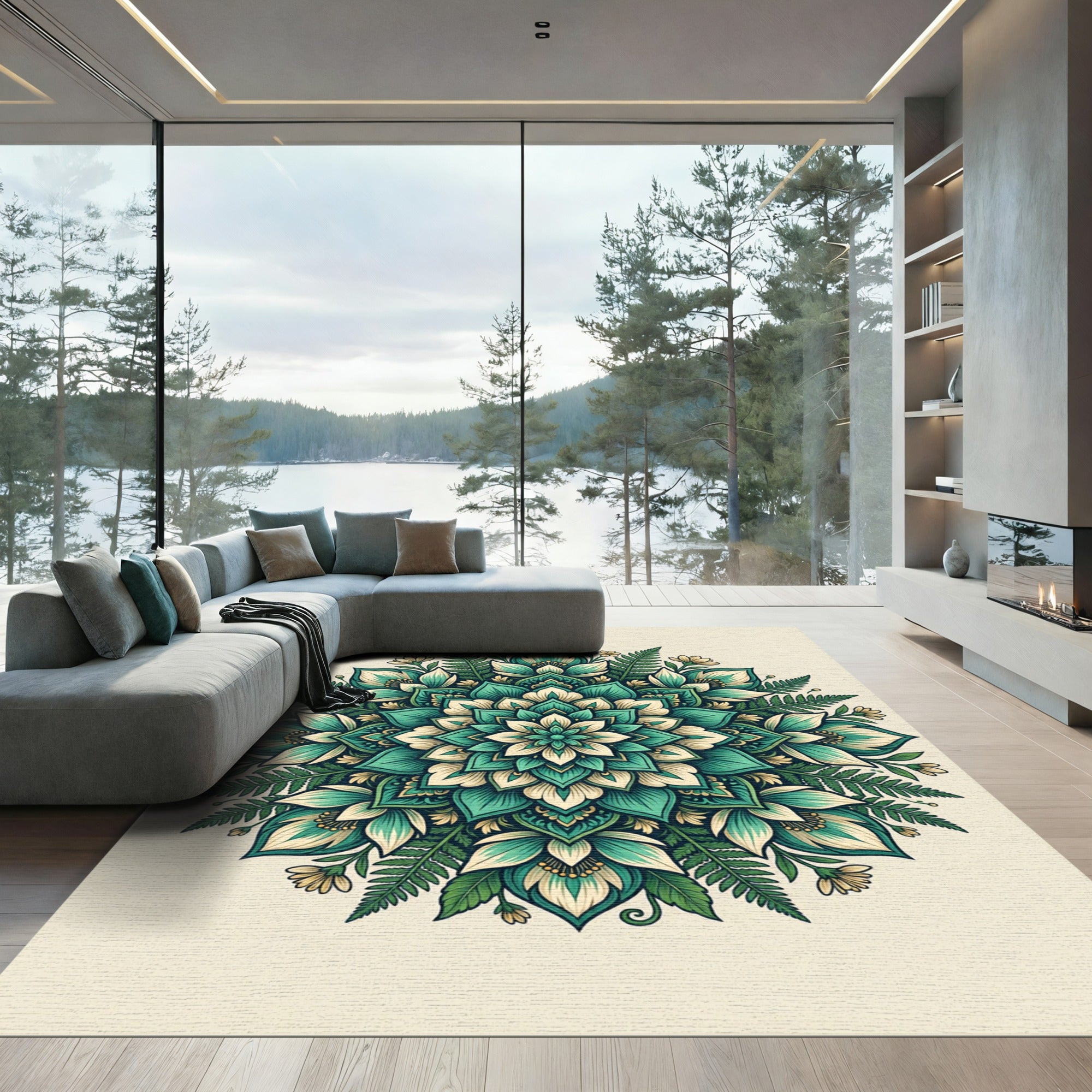 Emerald Teal Floral Mandala Bloom Rug