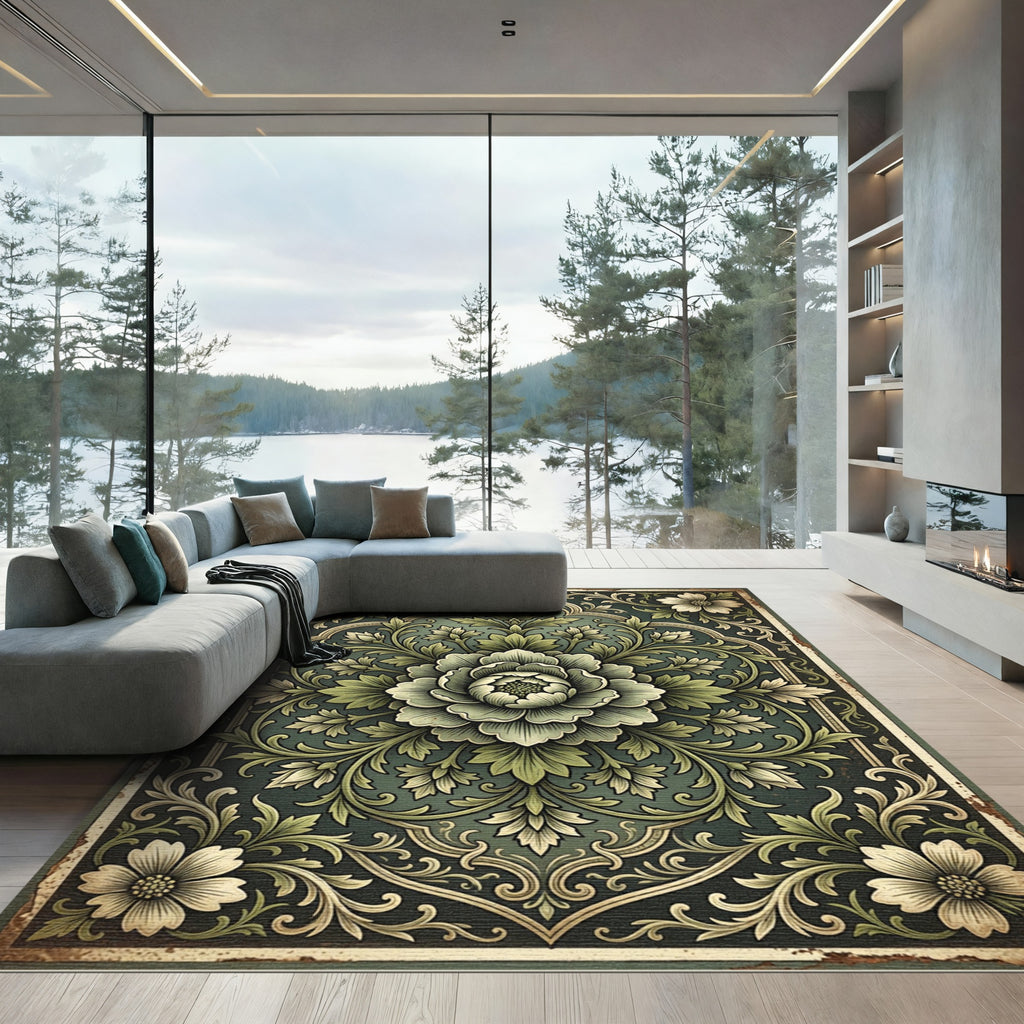 Dark Teal Floral Medallion Ornament Rug