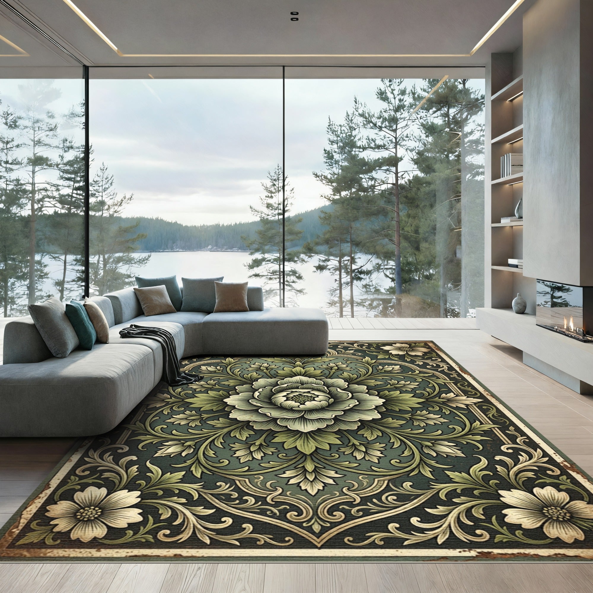 Dark Teal Floral Medallion Ornament Rug