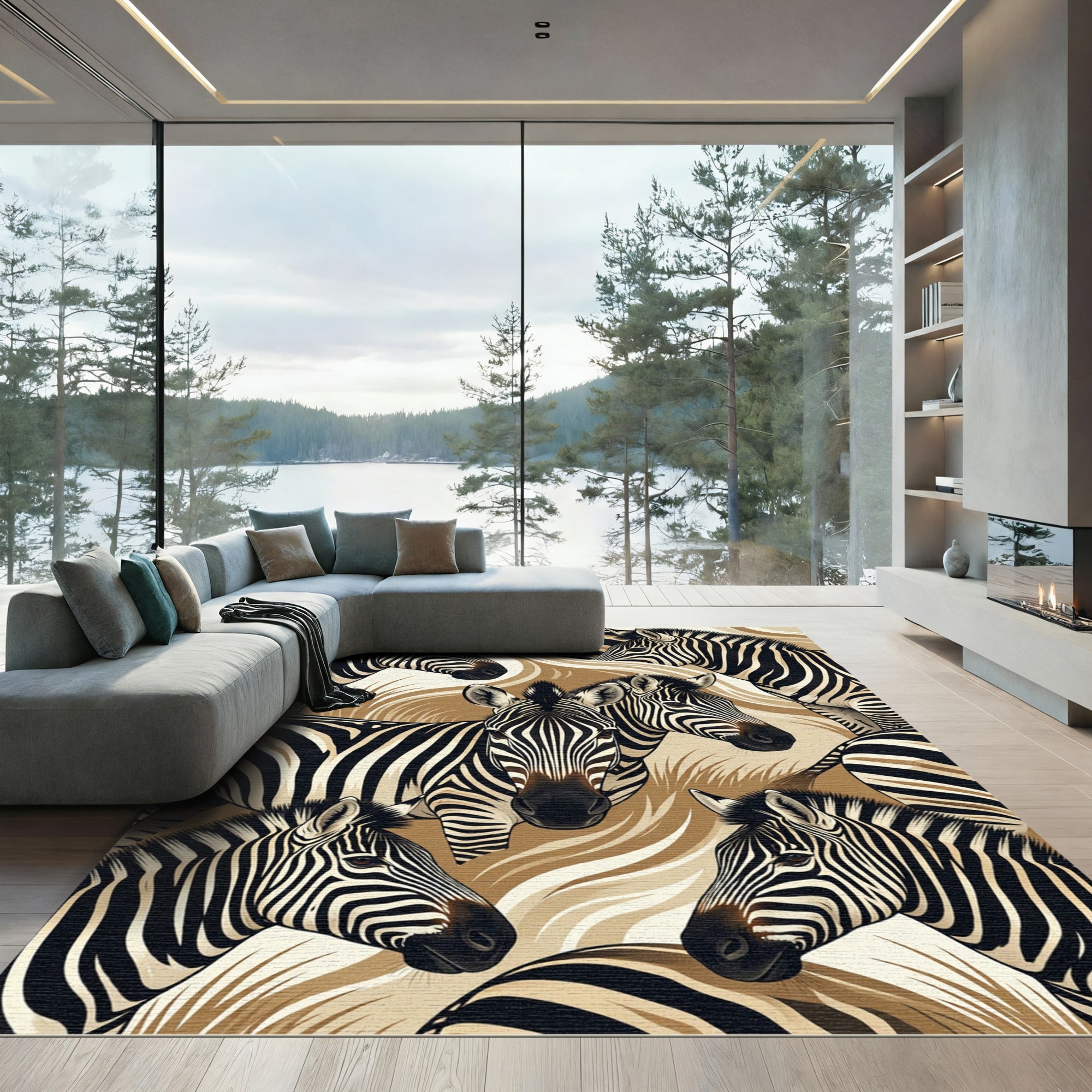 Abstract Gold and Cream Zebra Striped Rug