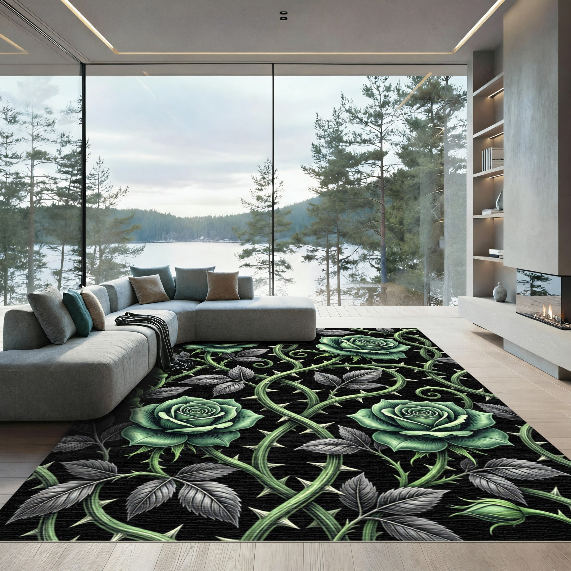 Gothic Emerald Rose Vine Tapestry Rug
