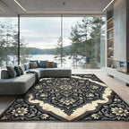 Elegant Charcoal Cream Floral Medallion Rug