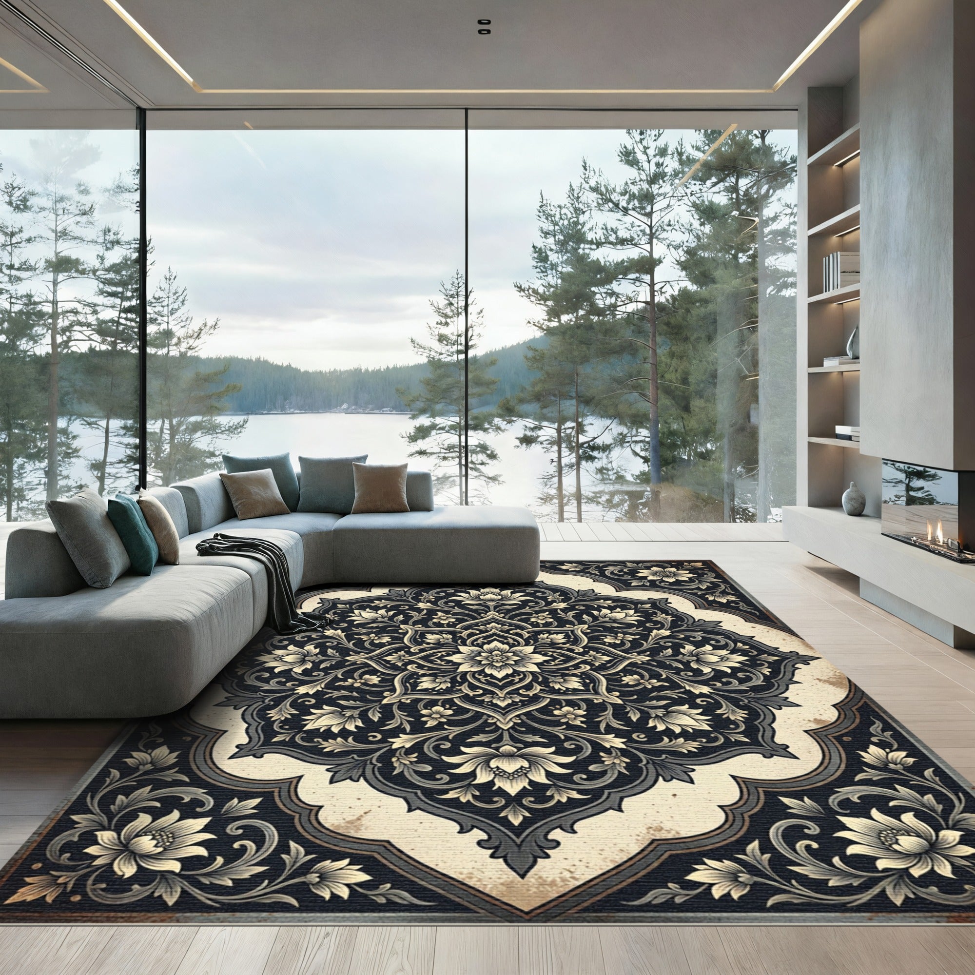 Elegant Charcoal Cream Floral Medallion Rug
