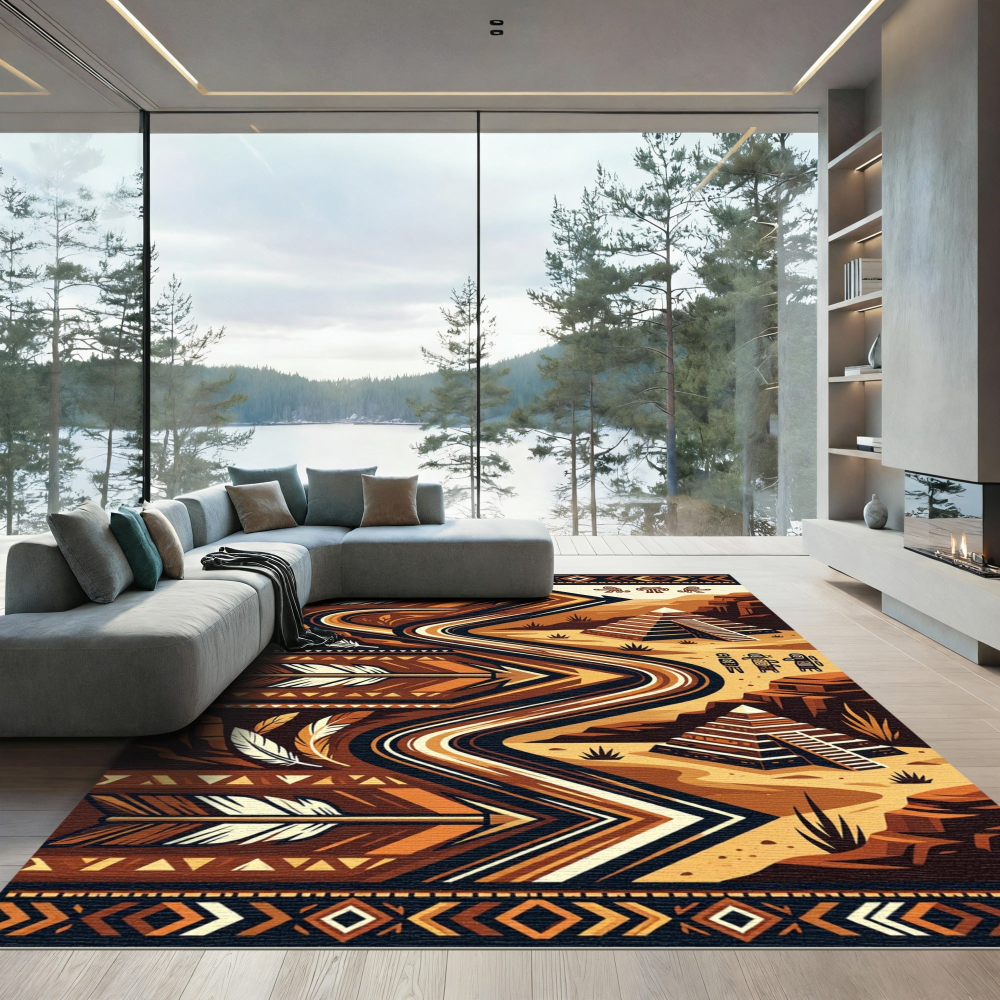 Earthy Aztec Sunset Pyramid Horizon Rug