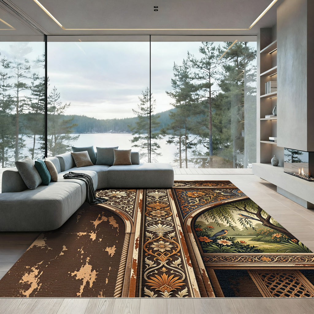 Brown Floral Archway With Birds Rug