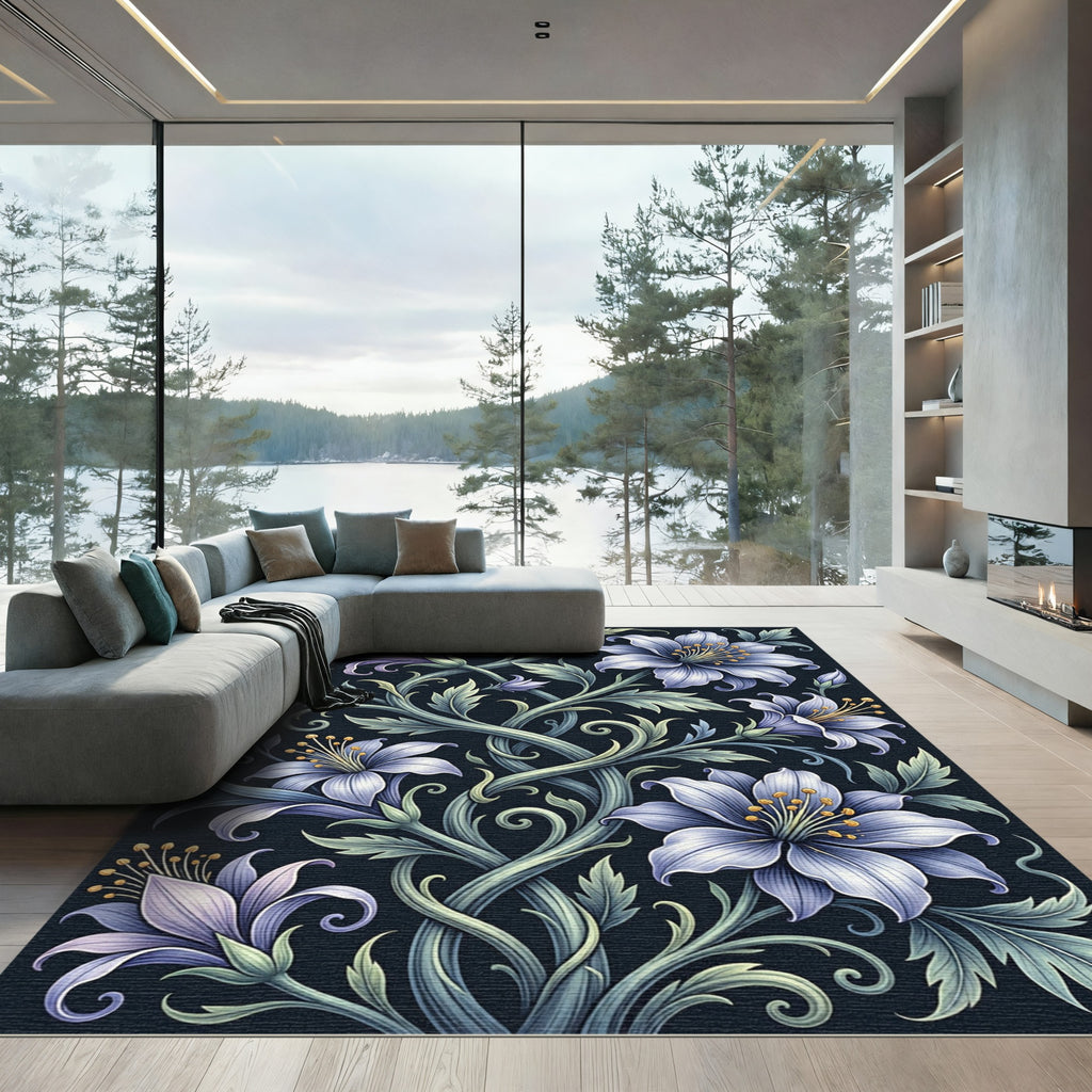 Elegant Blue Lily Twining Botanical Art Rug