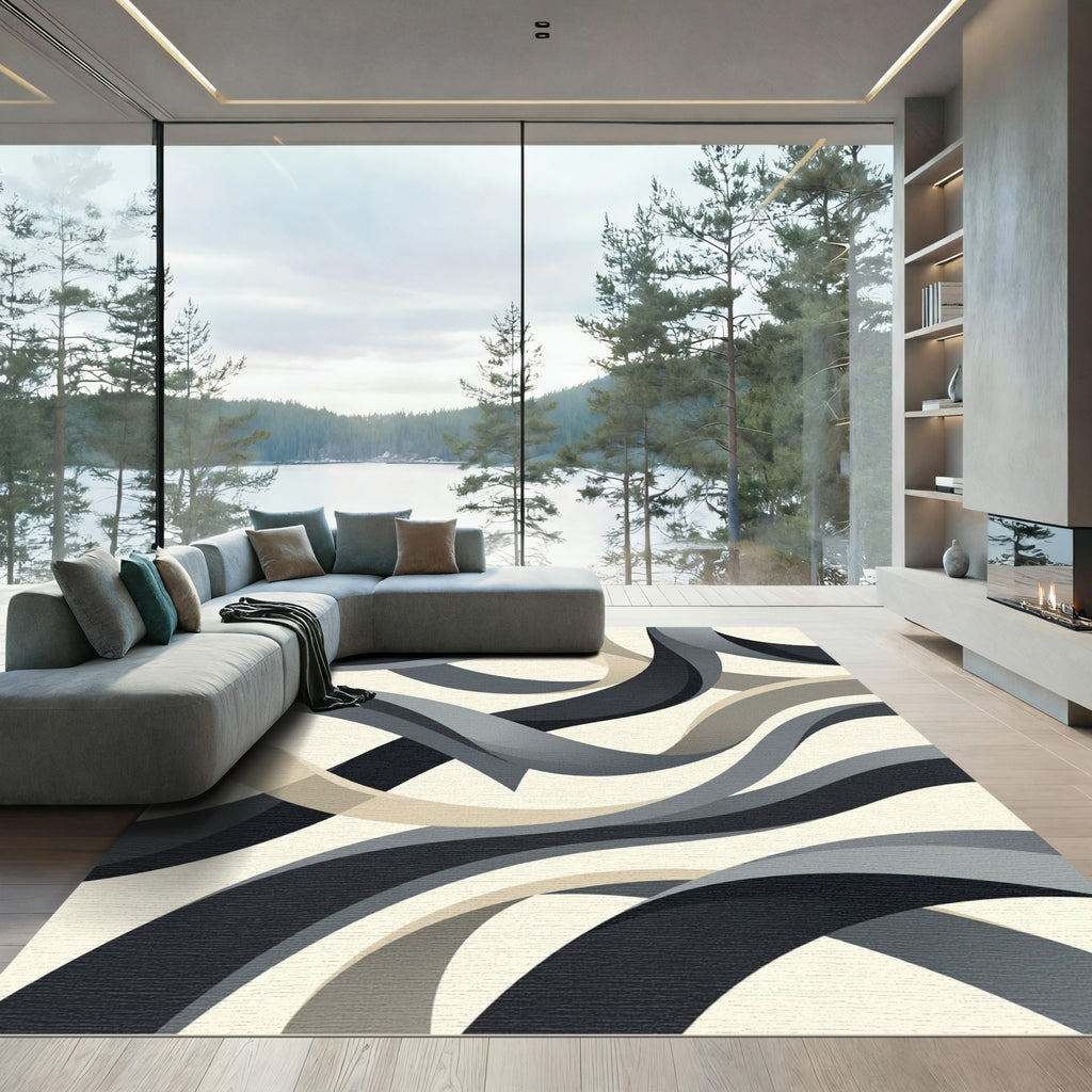 Minimalist Gray Monochrome Abstract Swirls Rug