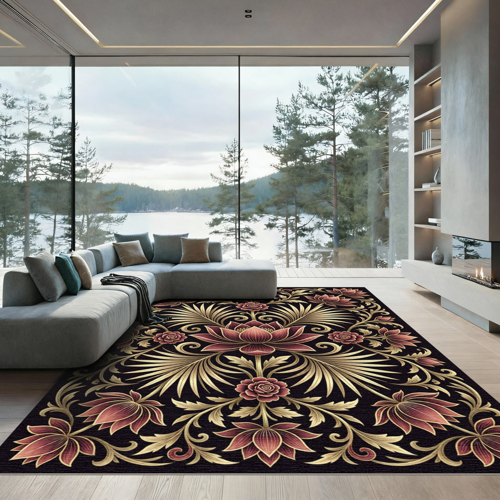 Gilded Lotus Crimson Floral Art Nouveau Rug
