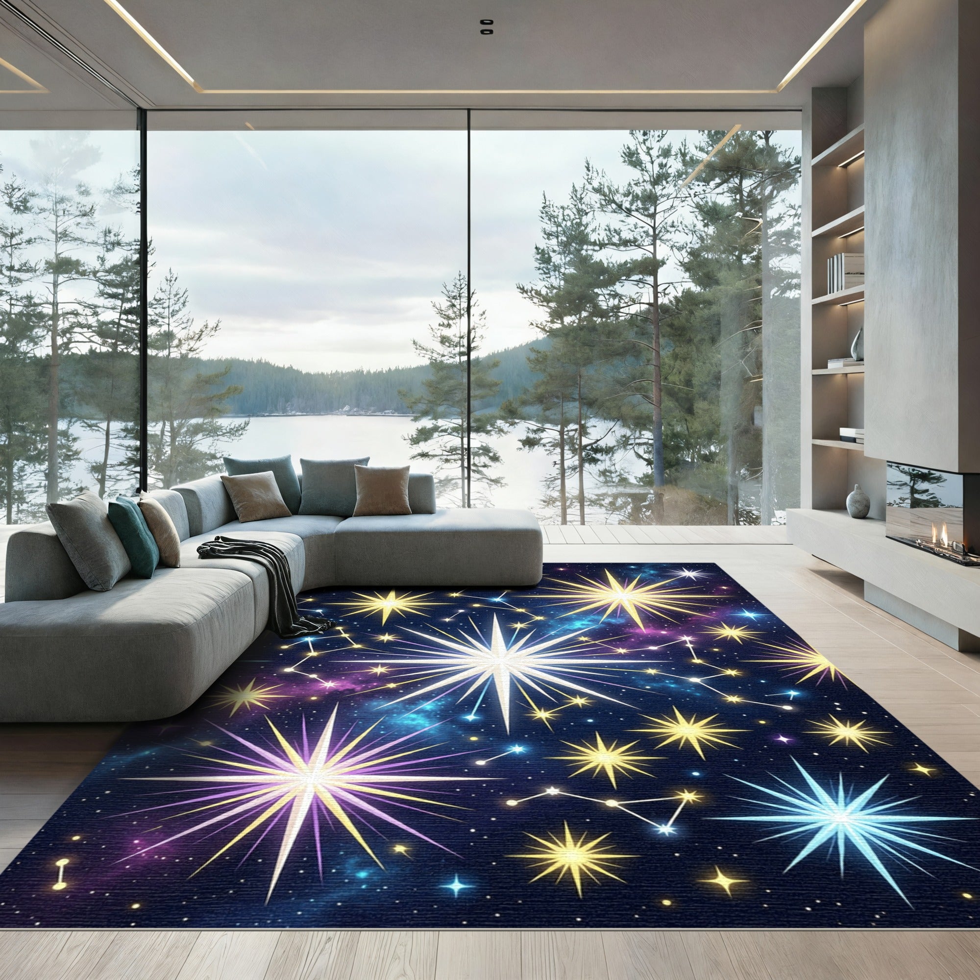 Celestial Golden Stars Cosmic Nebula Sky Rug