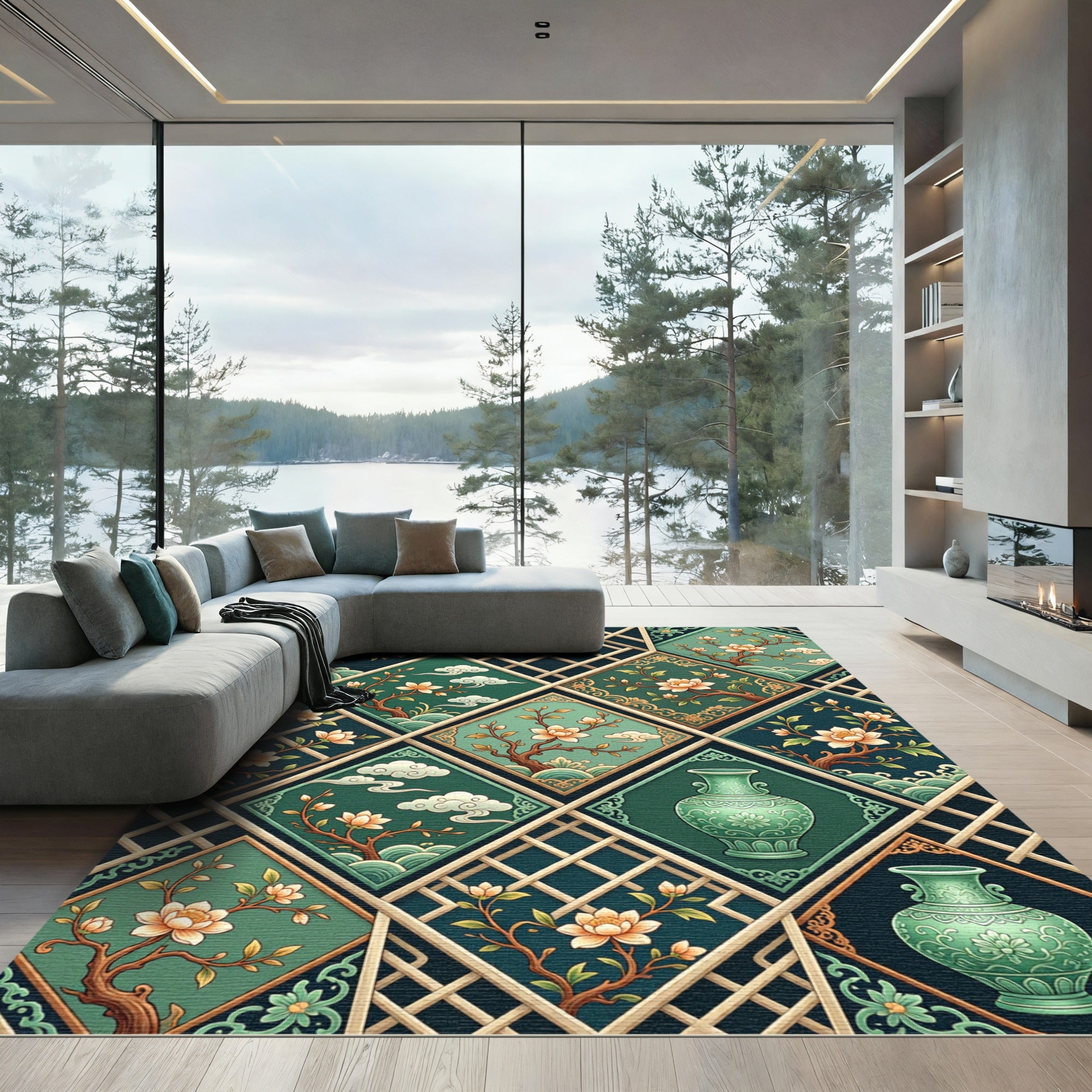 Emerald Lotus Blossom Lattice Tile Rug