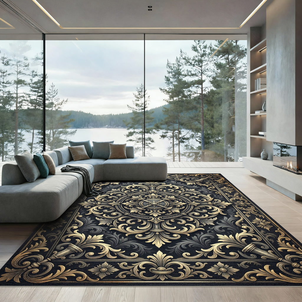 Ornate Golden Filigree Charcoal Damask Rug