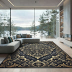 Ornate Golden Filigree Charcoal Damask Rug
