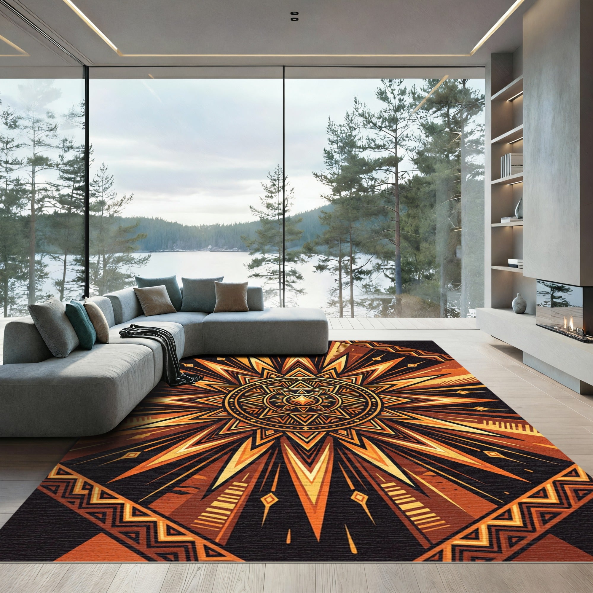 Radiant Amber Geometric Sun Star Rug