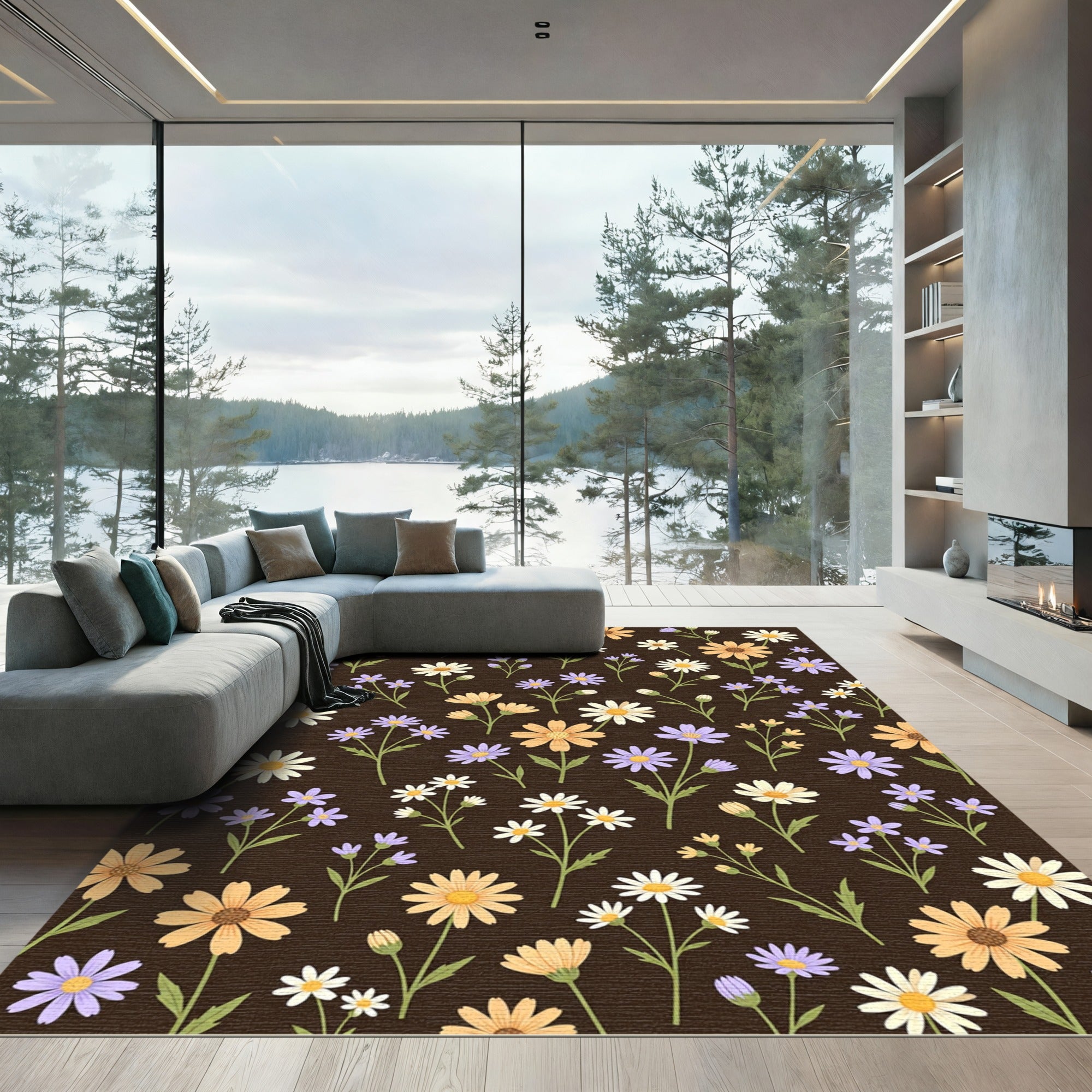 Daisies With Lilac Accents Dark Background Rug