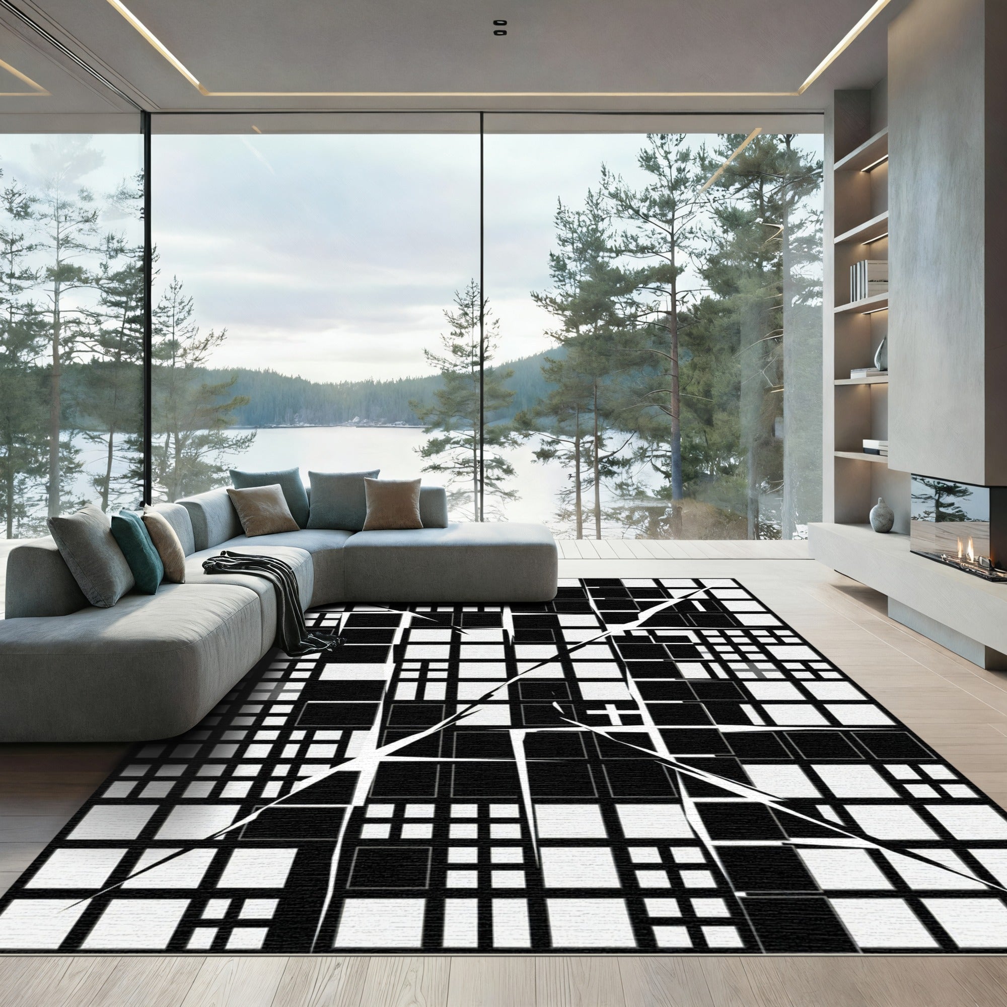 Modern Monochrome Geometric Fractured Grid Rug