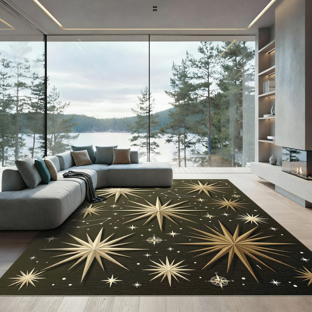 Celestial Gold Compass Starry Night Rug