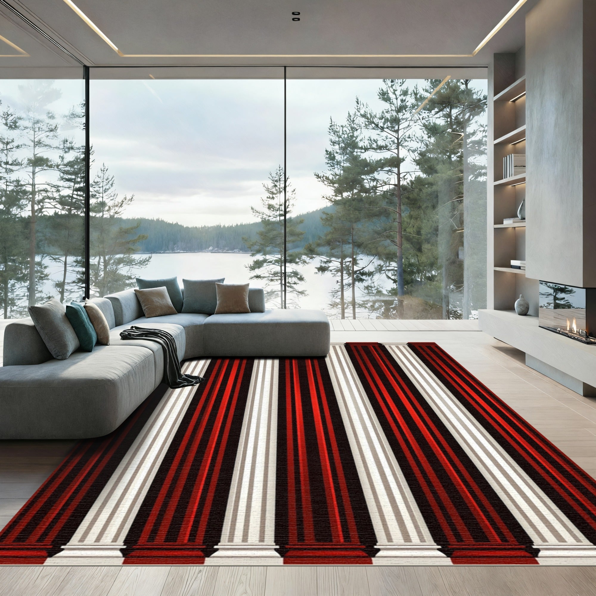 Red White Vertical Column Stripe Rug