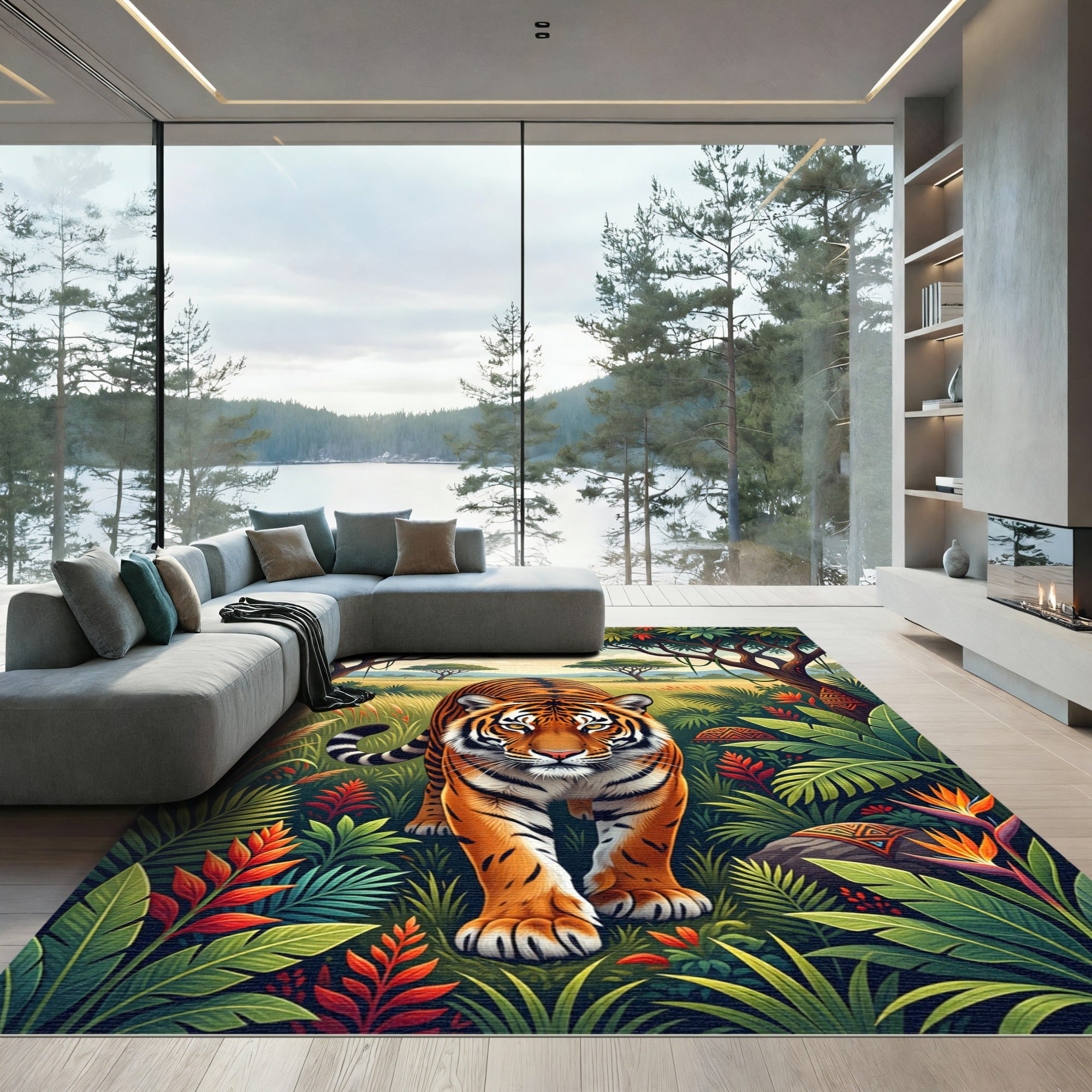 Vibrant Tropical Tiger Jungle Landscape Rug