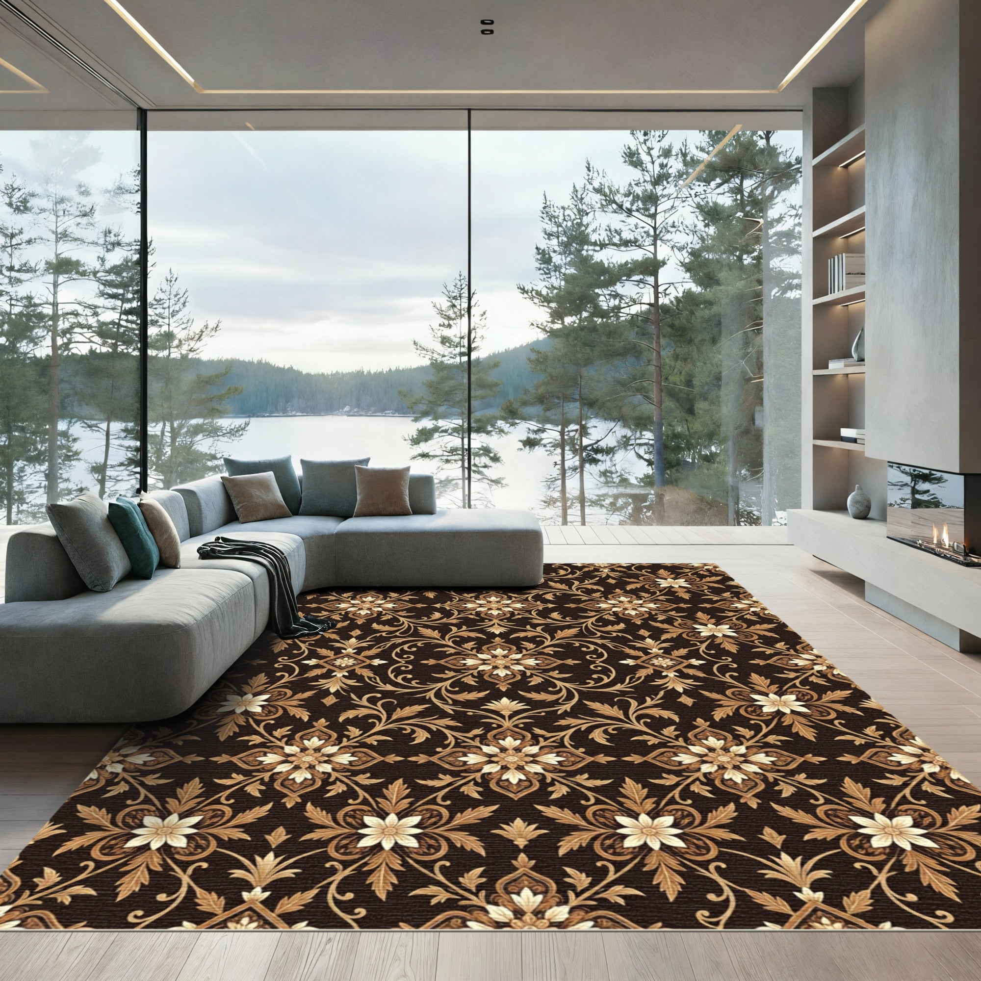Intricate Floral Brown and Gold Medallion Rug