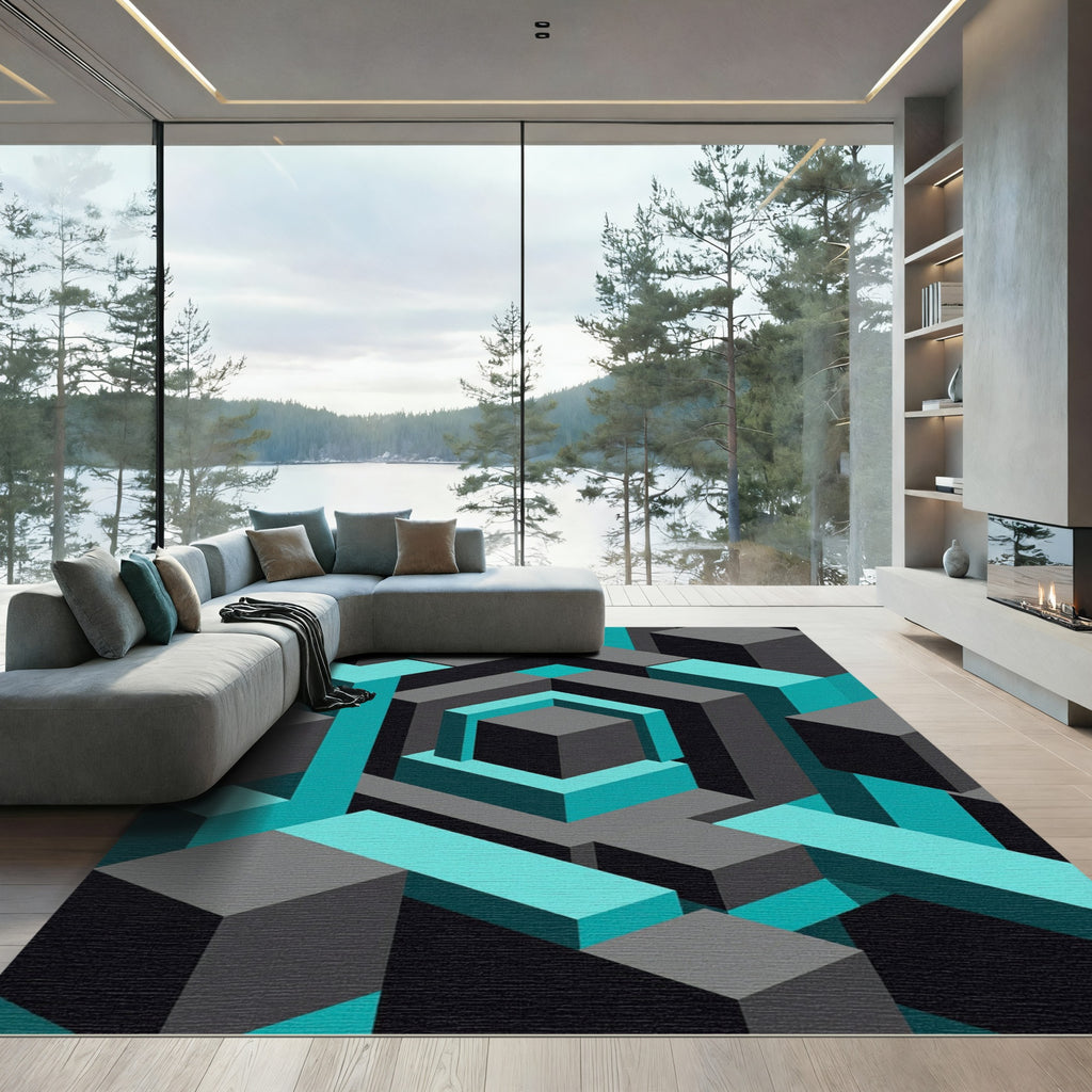 Geometric Cyan and Charcoal Hexagon Rug