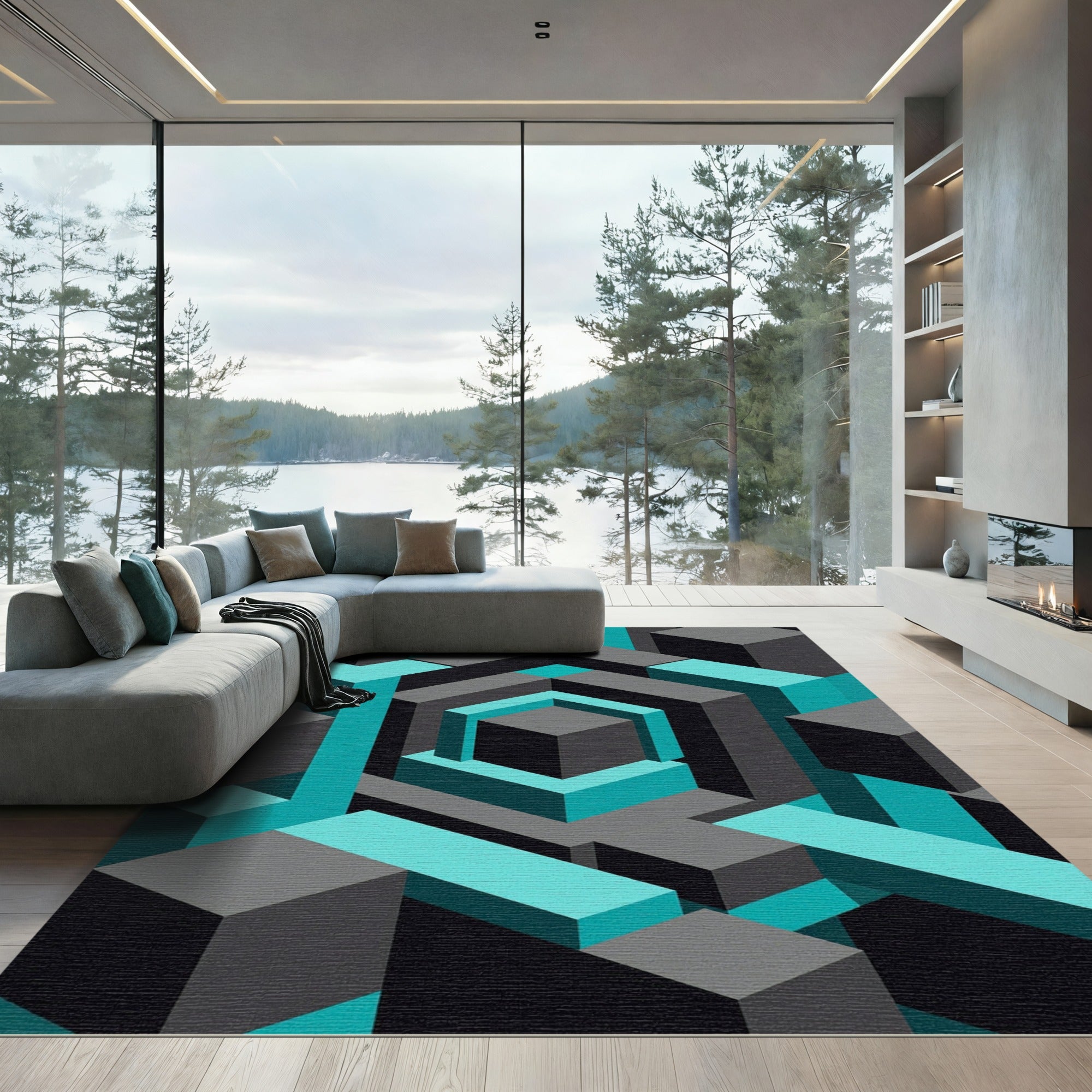 Geometric Cyan and Charcoal Hexagon Rug