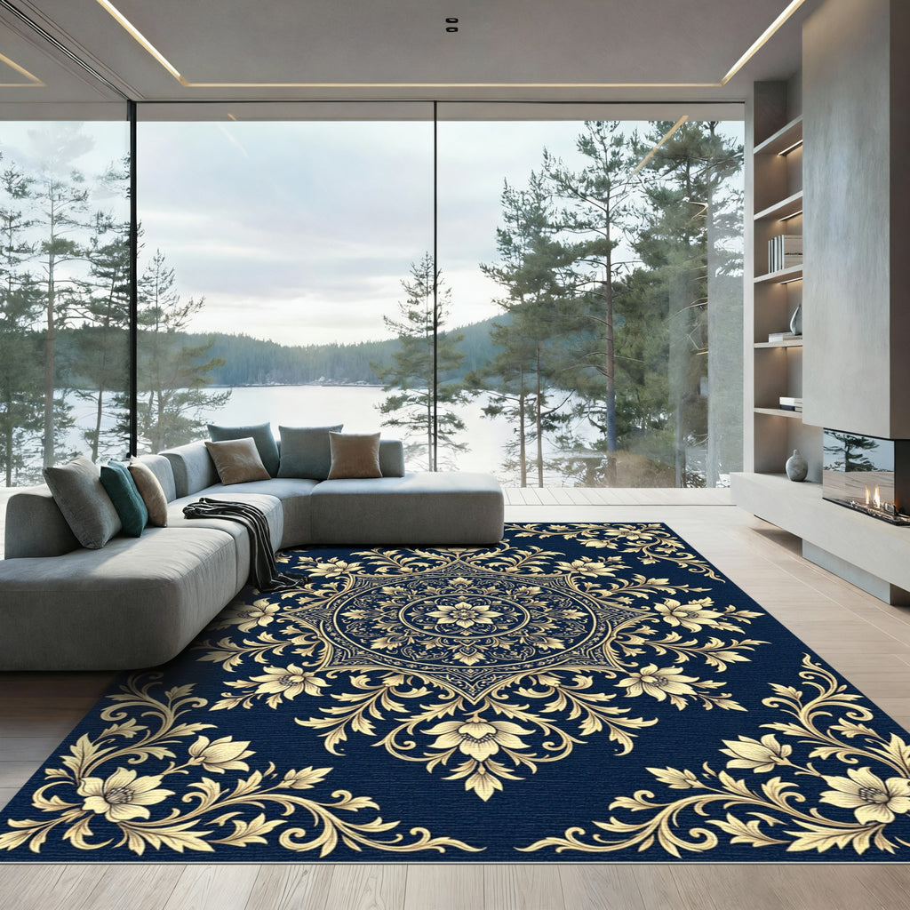Elegant Navy Floral Gold Medallion Rug