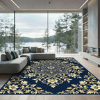 Elegant Navy Floral Gold Medallion Rug