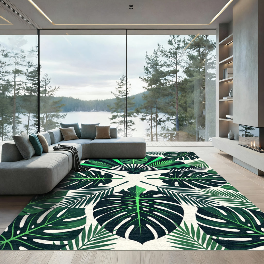 Lush Green Tropical Fan Leaf Rug