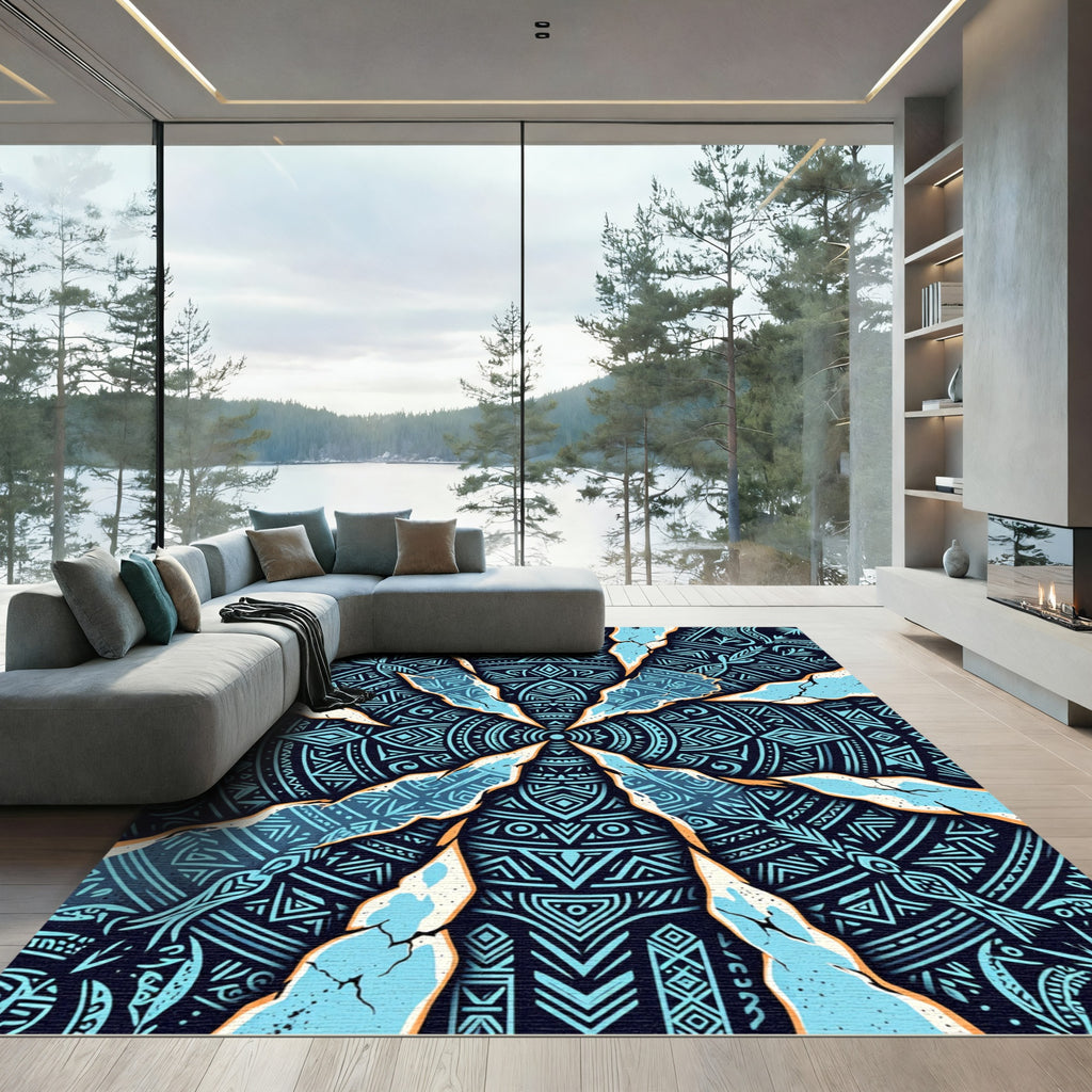 Electric Blue Geometric Cracked Mandala Rug