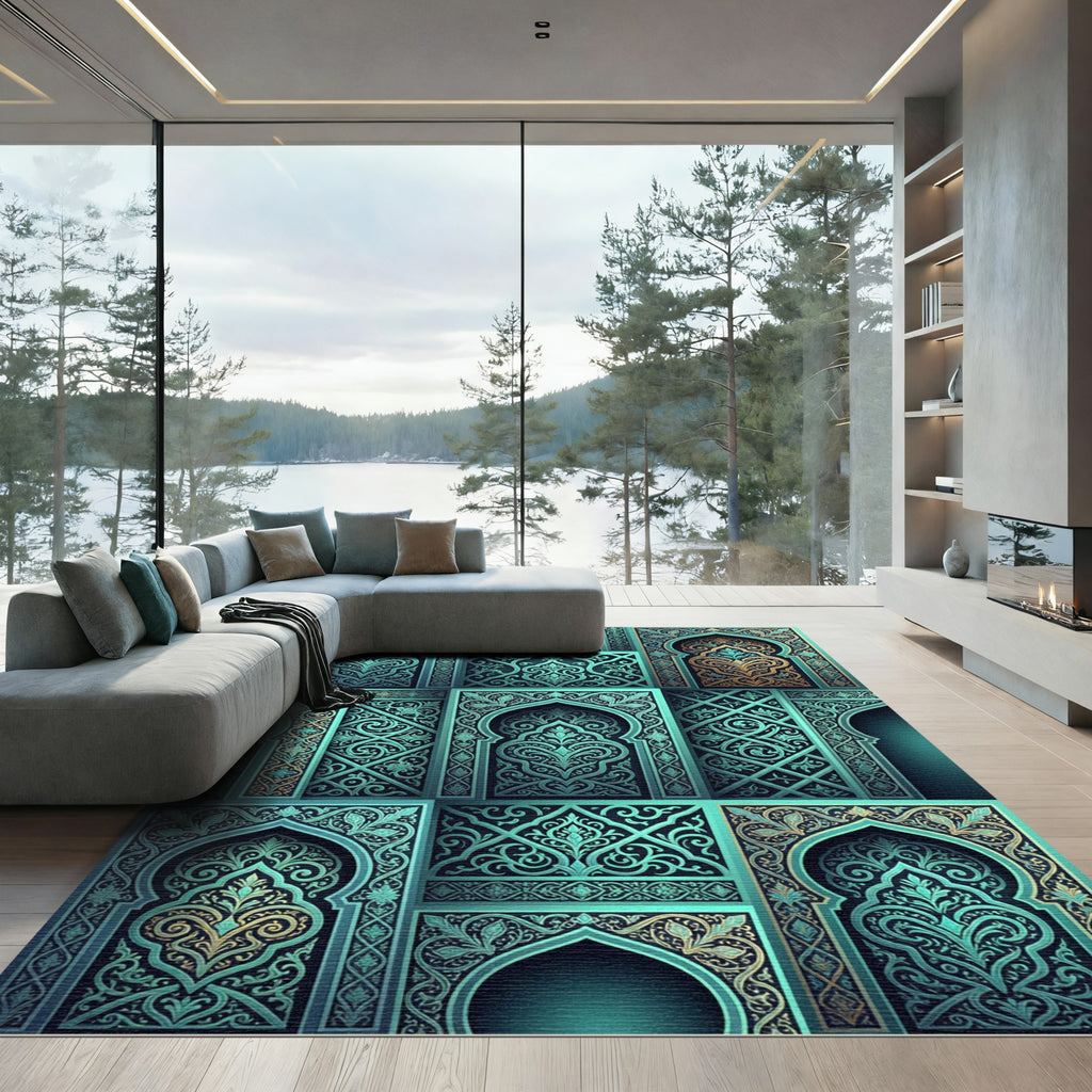 Teal Arched Palace Ornamental Damask Rug