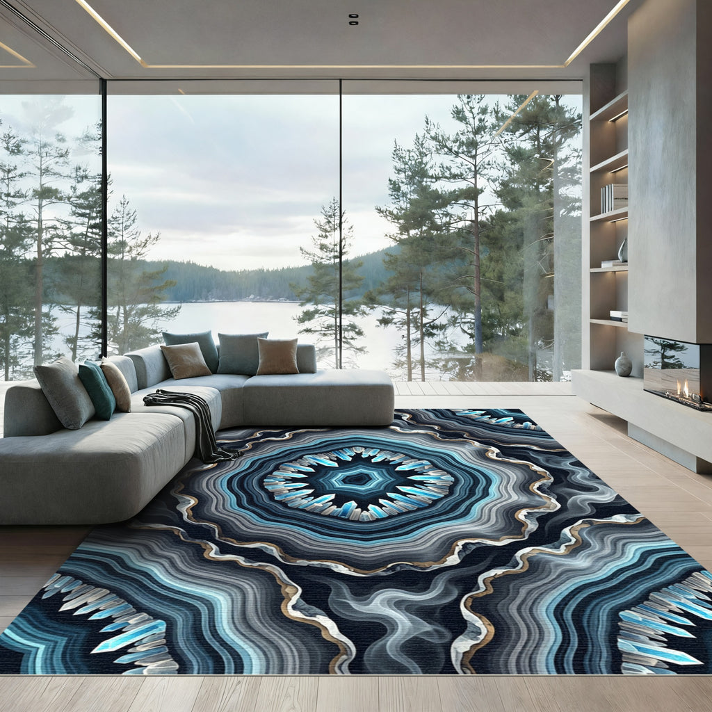 Blue Crystal Geode Radiating Waves Rug