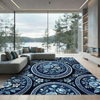 Classic Blue White Floral Oval Medallion Rug