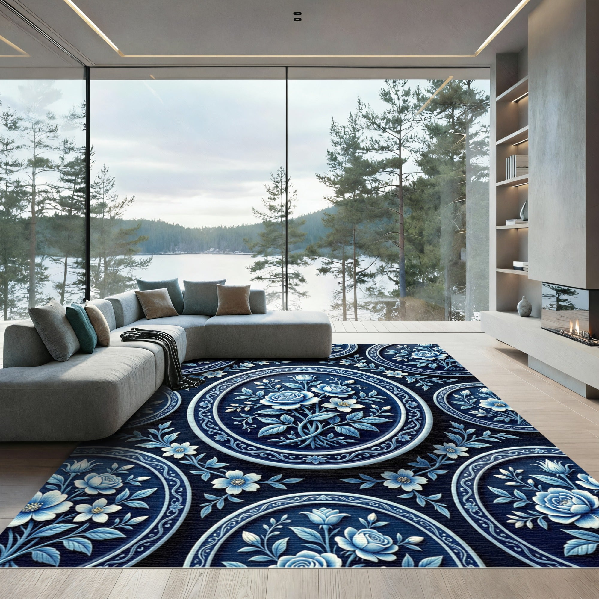 Classic Blue White Floral Oval Medallion Rug
