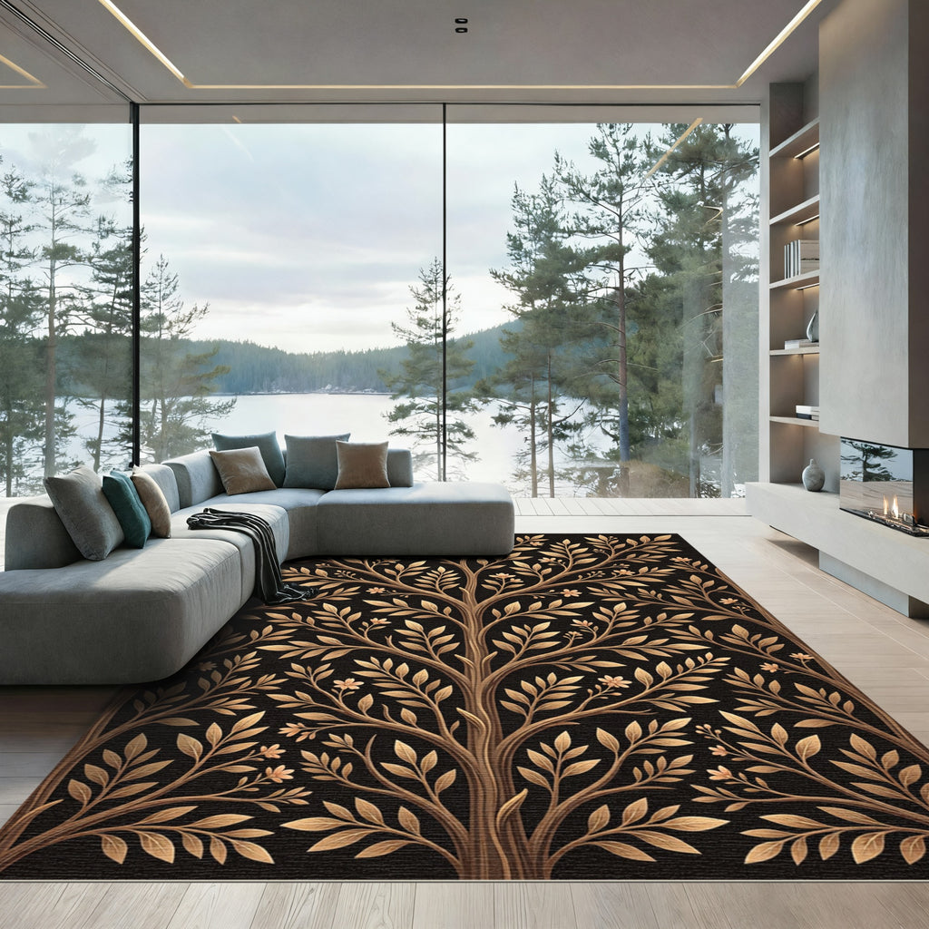 Golden Floral Tree Branch Arrangement Rug