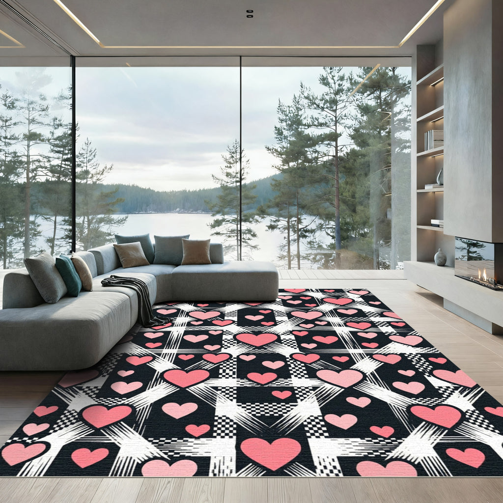 Pink Hearts on Plaid Checkered Backdrop Rug