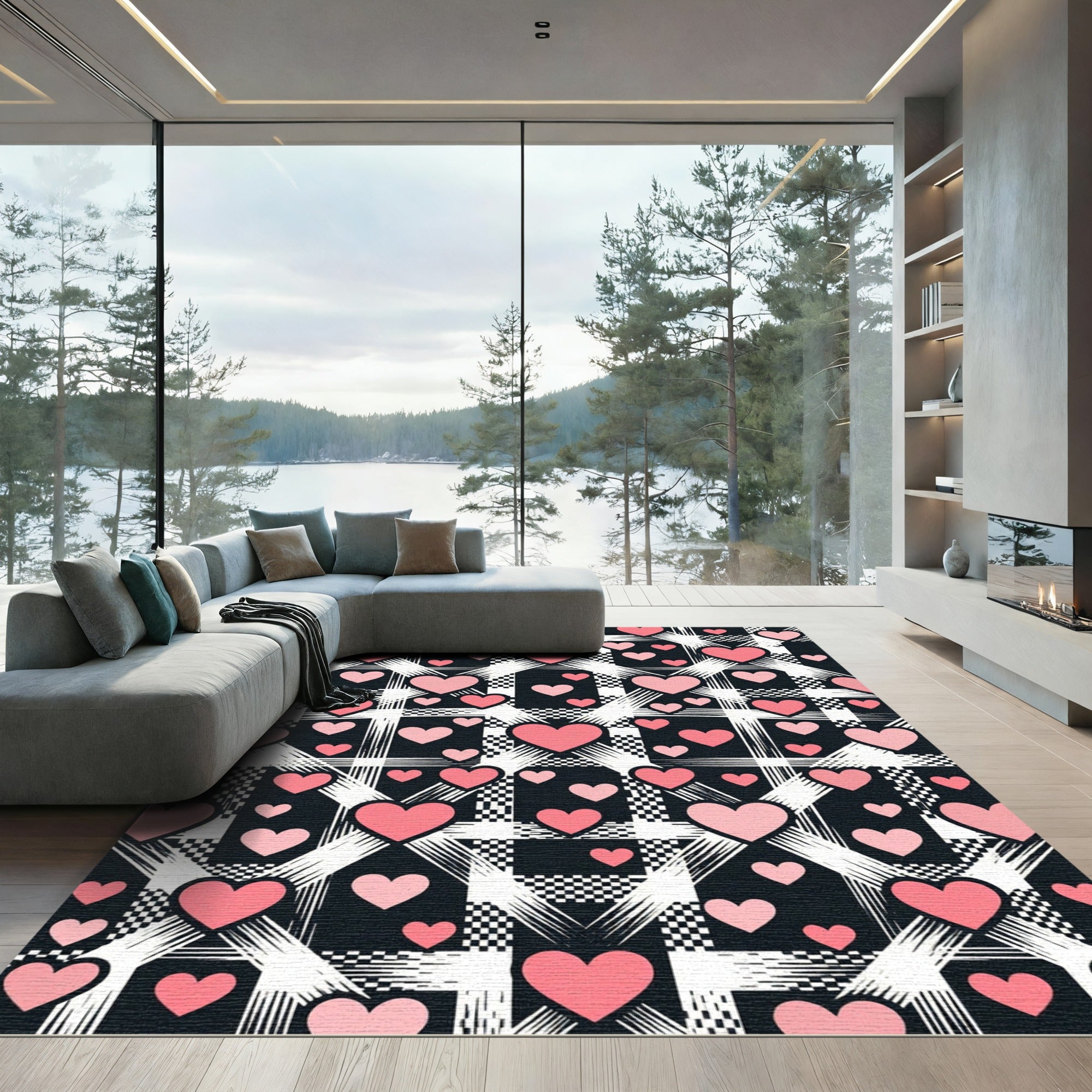 Pink Hearts on Plaid Checkered Backdrop Rug