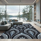 Silver Icy Snowflake Damask Black Wallpaper Rug