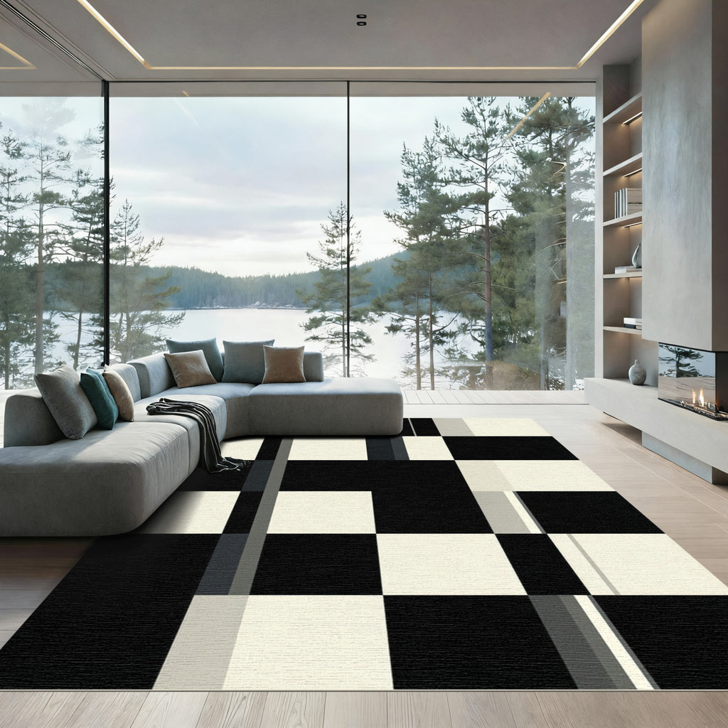 Modern Geometric Monochrome Block Grid Rug
