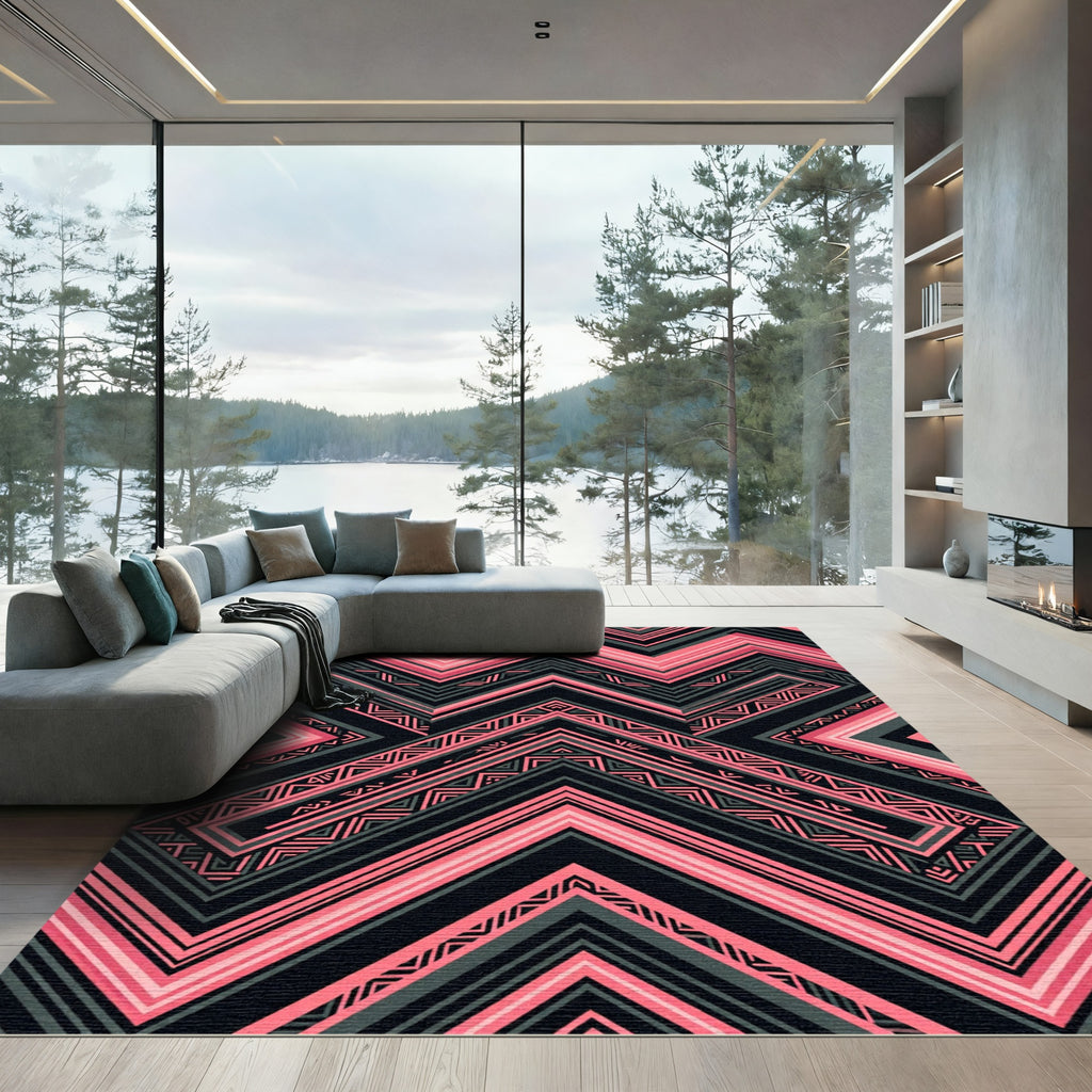 Bold Pink Charcoal Geometric Chevron Rug