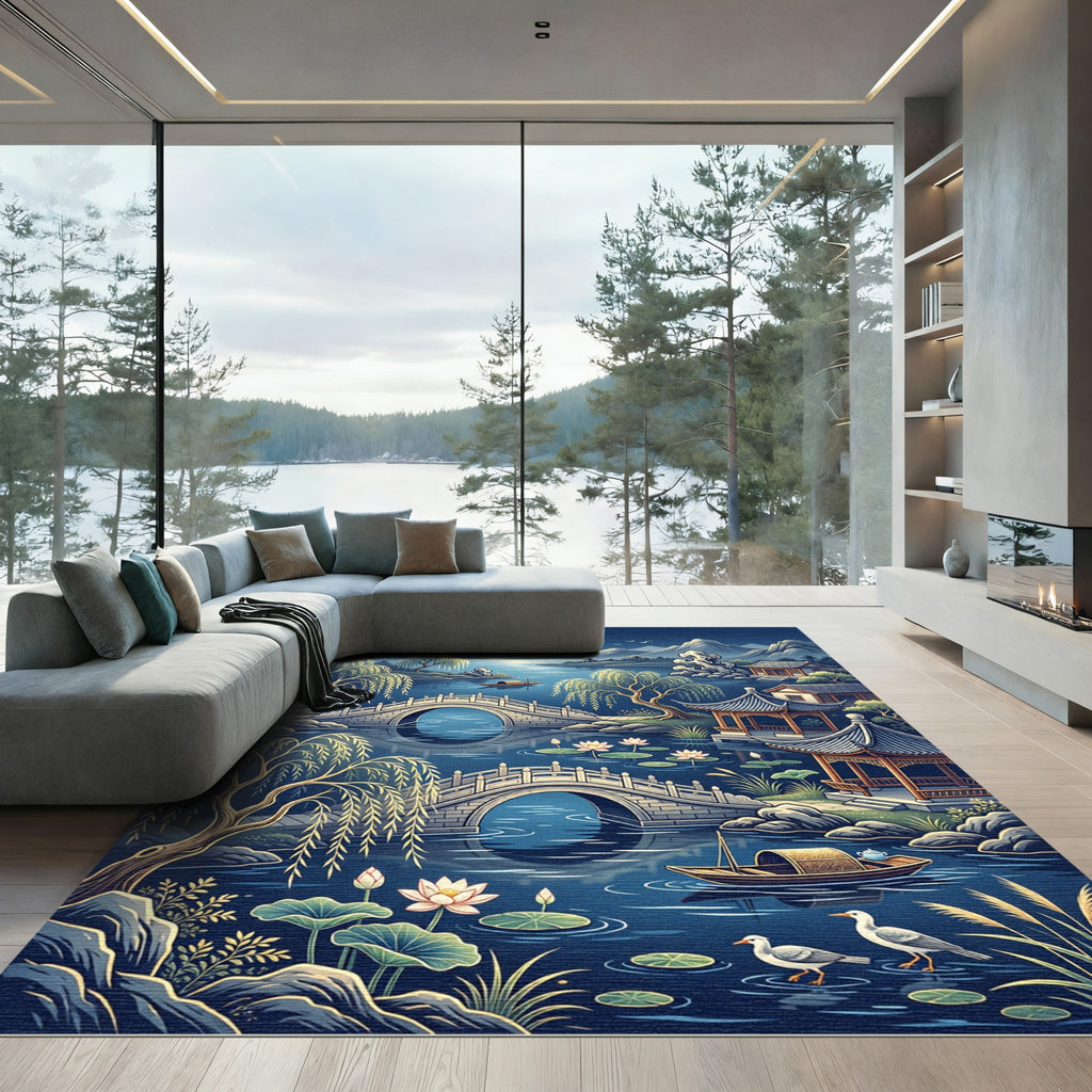 Serene Blue Landscape Willow Pagoda Bridge Rug