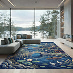 Serene Blue Landscape Willow Pagoda Bridge Rug