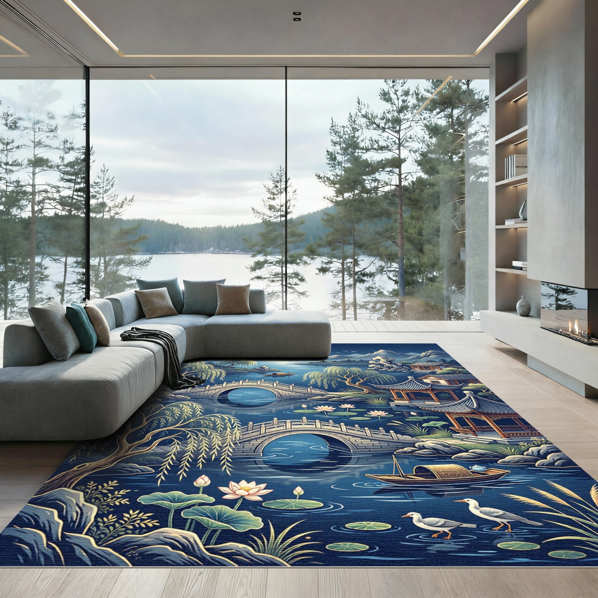 Serene Blue Landscape Willow Pagoda Bridge Rug