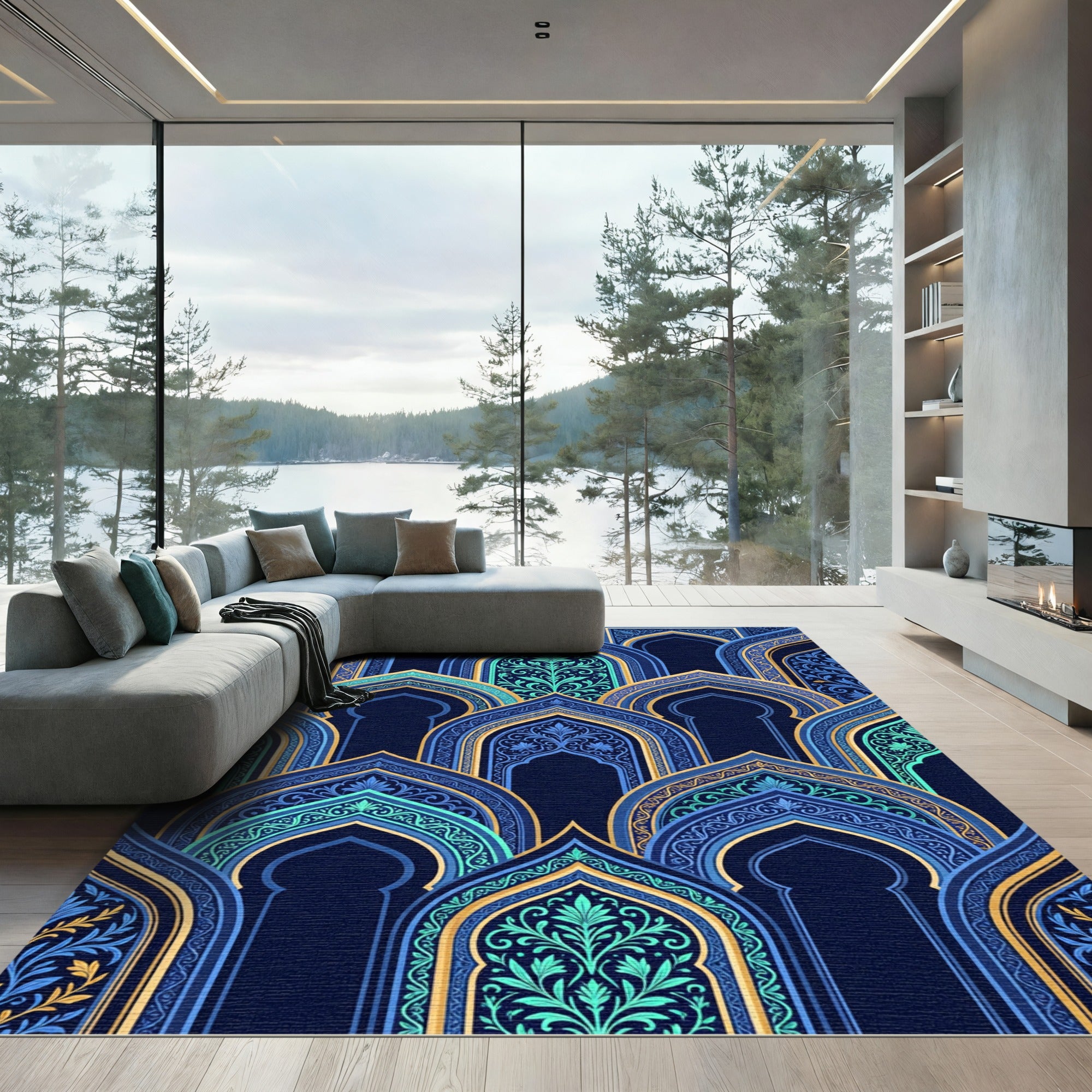 Blue Gold Archways Intricate Floral Rug