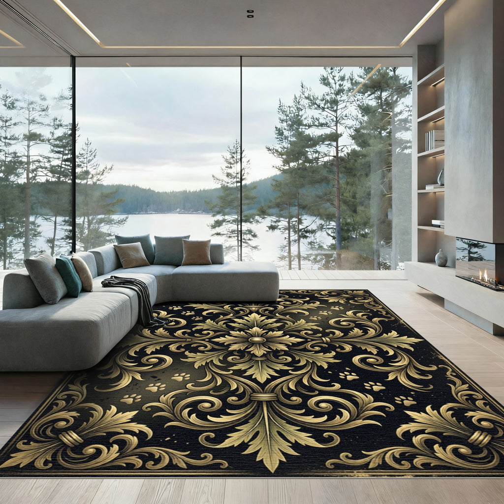 Ornate Gold Floral Damask Paw Accent Rug