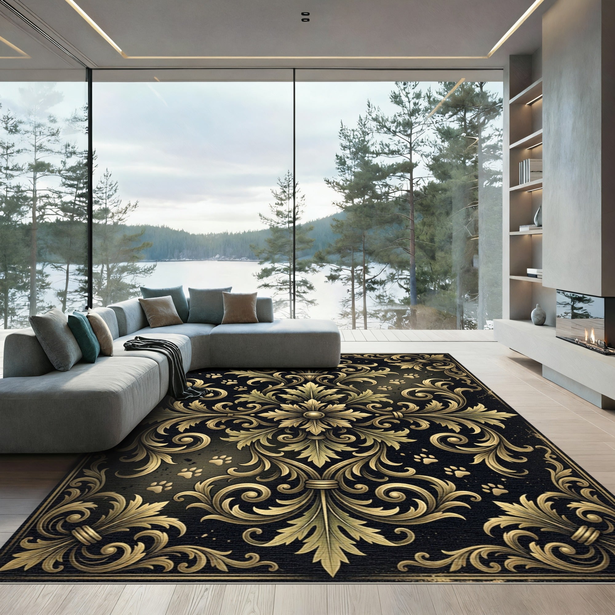 Ornate Gold Floral Damask Paw Accent Rug