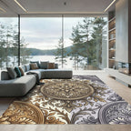 Ornate Gold and Silver Damask Medallion Rug