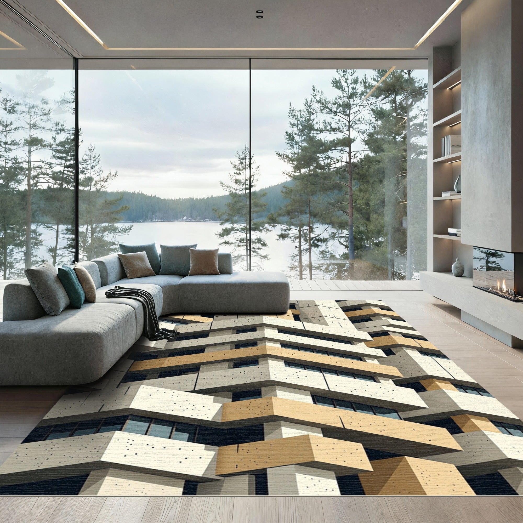 Modern Architectural Beige and White Stacks Rug