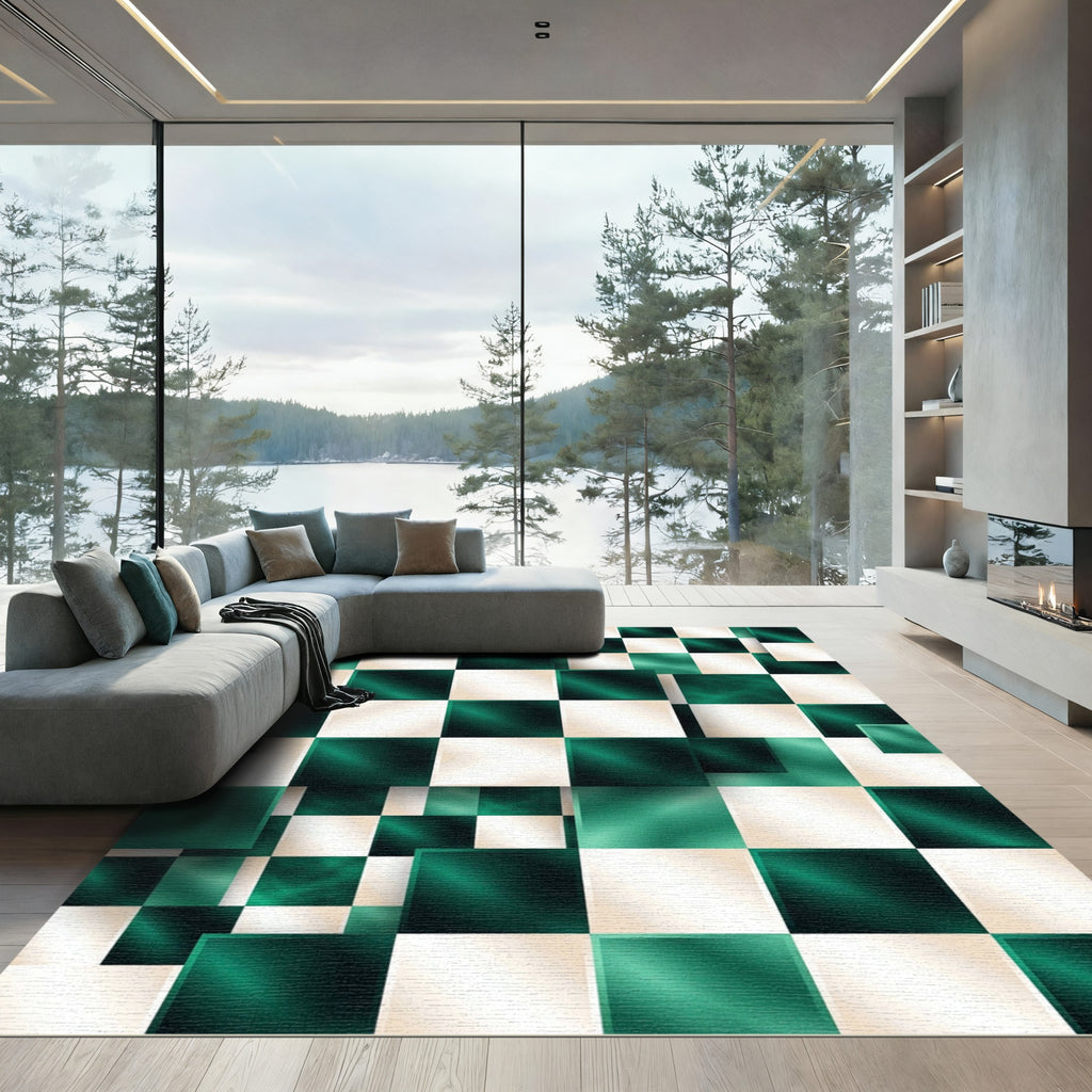 Emerald Cream Chessboard Illusion Rug