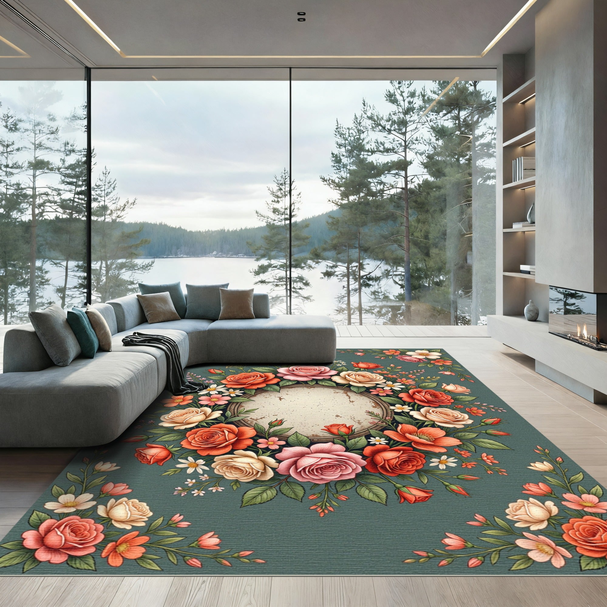 Elegant Floral Rose Wreath Medallion Rug